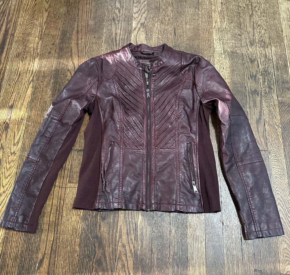 Maurices Women's Burgundy Faux Leather Moto Biker Jacket w/ Ribbed Side Panels M
